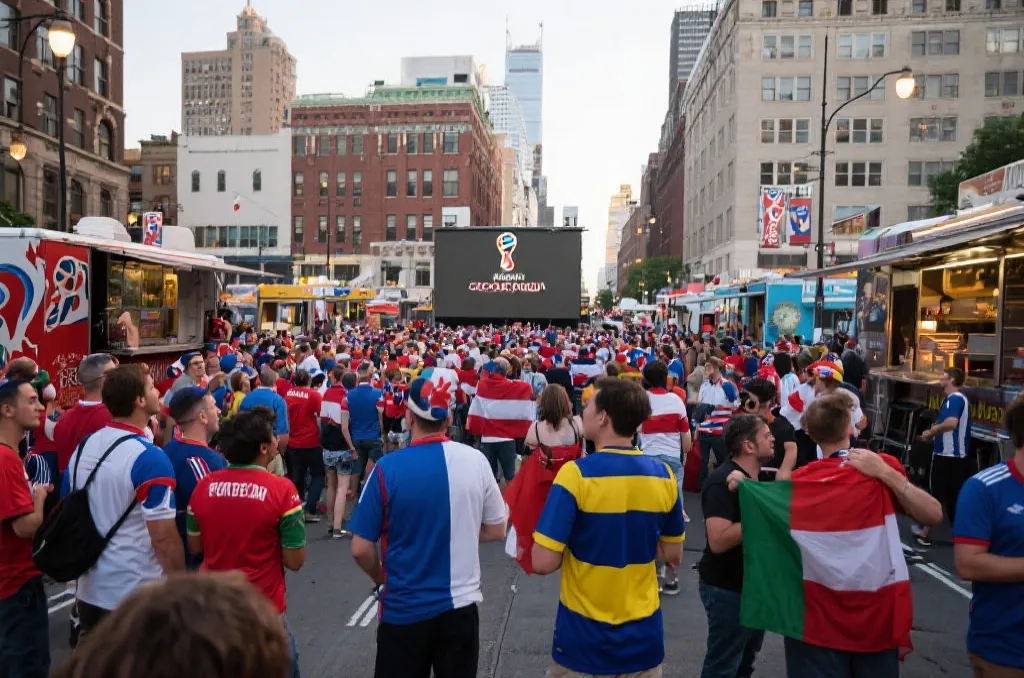 球迷在北美主办城市街头聚集观看世界杯的热烈场景